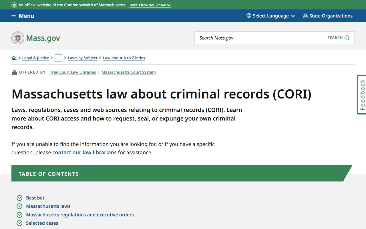 Massachusetts CORI law information page for sealing and expungement
