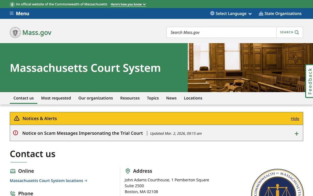 Massachusetts court system homepage for criminal records access