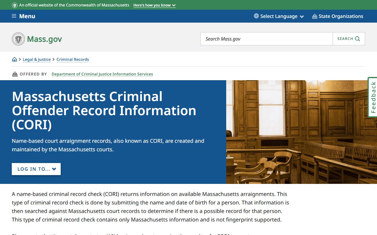 Massachusetts CORI information page for criminal records
